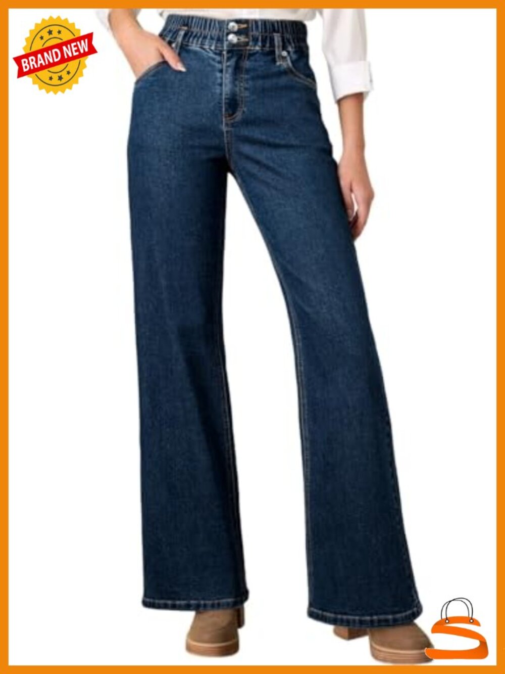 Women's Pull On Stretchy Elastic High Waisted Wide Leg Baggy Trouser Jeans